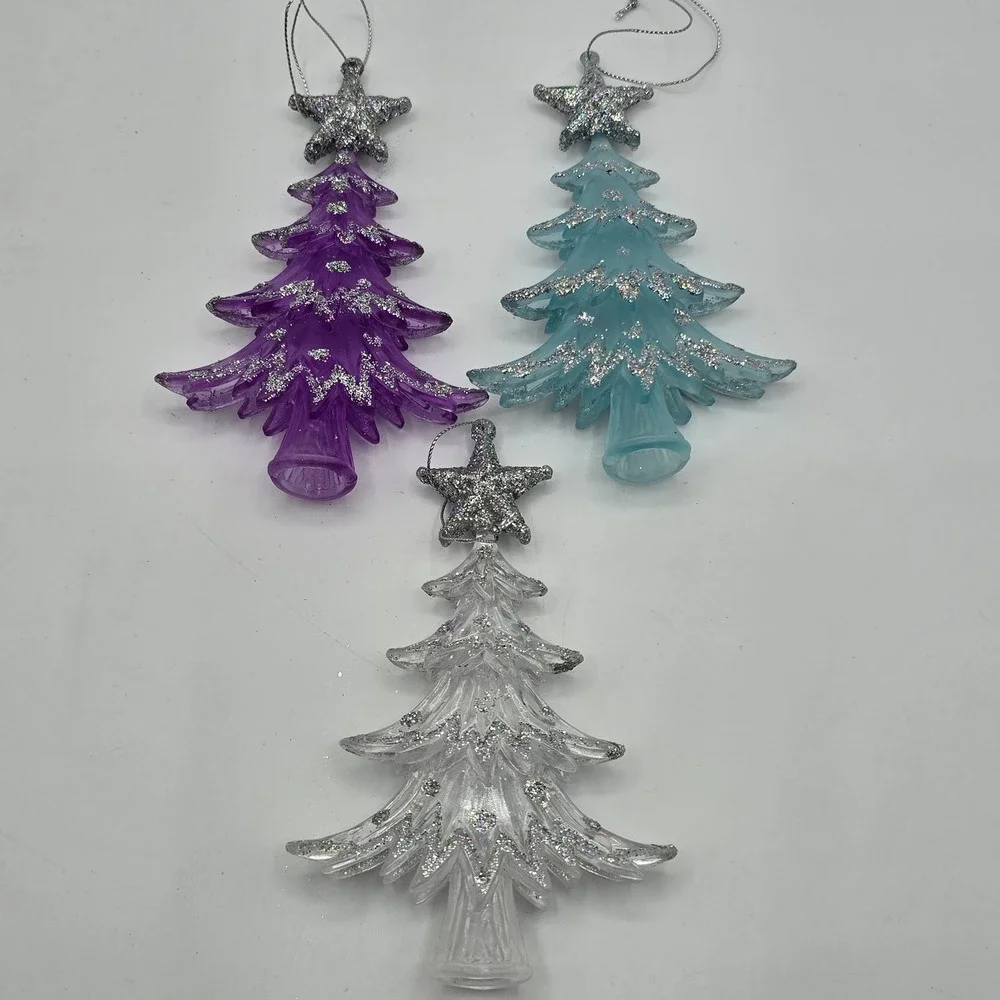 Lot Of 3 Plastic Christmas Tree Hanging Ornament Blue‎ Purple White Glittered